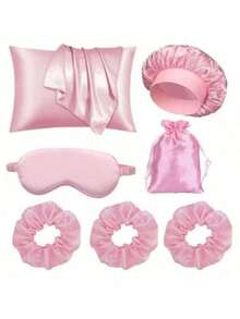 7pcs Women's Sleeping Set Includes Pillowcase, Shower Cap, Eye Mask, Decorative Storage Bag, Hair Scrunchies, Suitable For Nighttime Use Hair Sleep Cap Sleep Bonnet - Multicolor - View 5