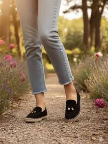 2026 Spring/Autumn New Women's Slip-On Loafers, Versatile Flat Shoes, Straw Sole Shoes - Black - View 3