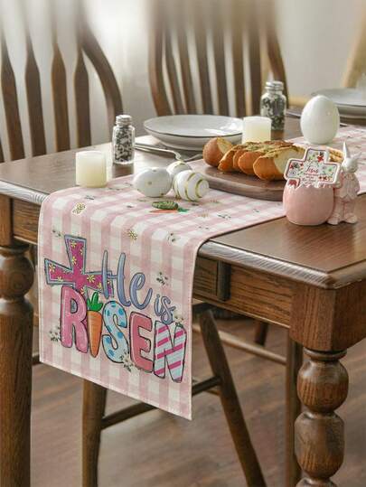 1pc Easter Bunny Pattern Table Runner, Easter Style Table Decor, Linen Material, Available In Multiple Sizes, Suitable For Home Dining, Kitchen Decoration, Home Decor, Outdoor Party And Restaurant Decoration, Textured Linen Appearance