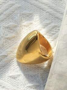 Mazuer 1pc Vintage Style Golden Smooth Oval Ring, 18K Gold Plated Stainless Steel Jewelry, Business & Casual Accessory, Gift - Gold - View 8