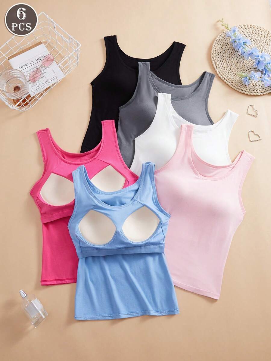 6PCS Multi-Color Modal Women Wide-Strap Casual Vests, Slim Fit With Fixed Built-In Cups, Wireless Bra Tank Tops For Home And Outdoor Use