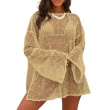 Womens Swimsuit Crochet Cover Up Sexy Boat Neck Bathing Suit Summer Long Sleev Beach Dress Coverup Bikini - Màu Khaki - Xem 9