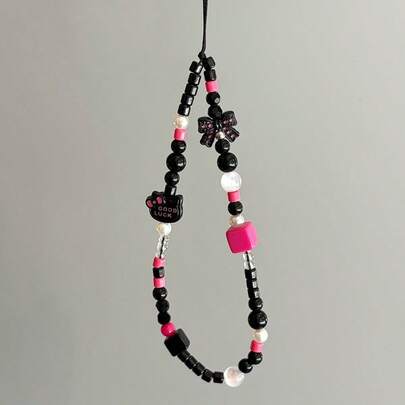 Cute Cat Head Phone Charm Beaded Heart-Shaped Lanyard Suitable For Girls/Women, INS Style Camera Necklace Pendant Decor, Fits CCD Phone Cases & Accessories