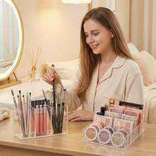 2-In-1 Acrylic Makeup Organizer And Eyebrow Brush Set | Transparent Makeup Brush, Eyeshadow And Lipstick Storage | Vanity Organizer Set - Multicolor - View 10