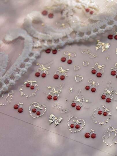 3 pièces Autocollants d'art pour ongles avec motif de cerises en feuille d'or 3D, accessoires de décoration d'ongles en relief en gel rouge DIY, feuilles d'or autocollantes imperméables comme cadeau pour les filles
