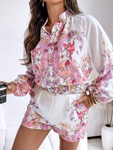 ChicMe Women's 2-Piece Floral Placement Print Set, Stand Collar Lantern Sleeve Top + Elastic Back Waist Belt Shorts, Elegant Daily Party Vacation Outfit - Baby Pink - View 3