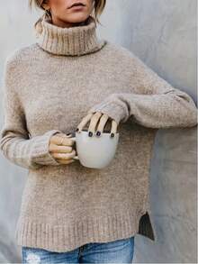 Suéter de punto versátil de cuello alto, diseño de parte delantera corta y parte trasera larga con abertura, estilo casual para otoño/invierno - Caqui 3 - Ver 5
