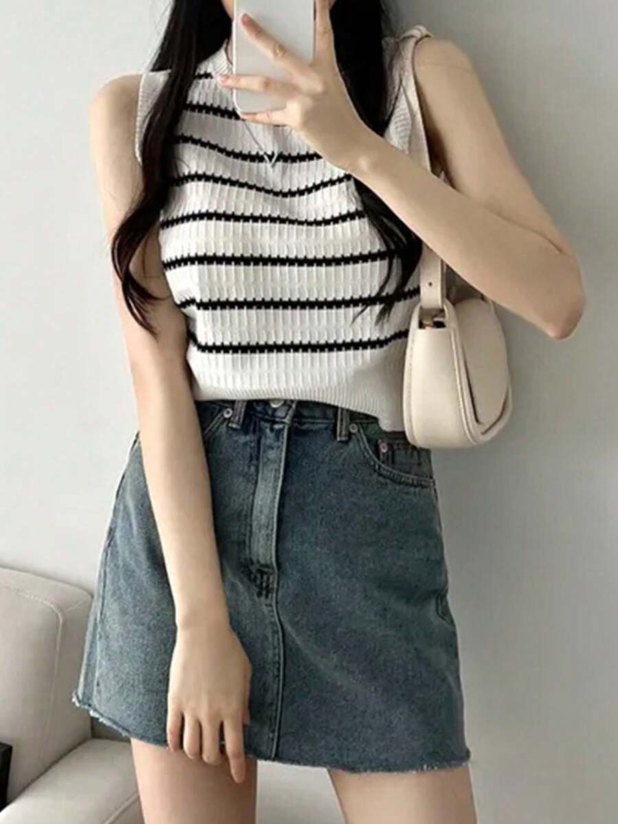 女款條紋無袖性感細肩帶背心上衣,夏季外穿白色 - 白色 - 查看 1