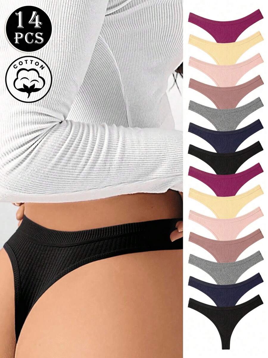 14pcs/Set Solid Color Low Waist Seamless Cotton Thong Panties, Soft & Comfortable Women's Underwear