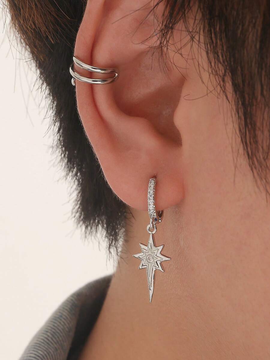 2pcs Men's Fashion Personality Double Layer Ear Cuff + Star Stud Earrings Set, Unisex Street Style Earrings Combo, Versatile Earring Jewelry Set For Commuting And Daily Wear, Exquisite Men's Jewelry - White - View 1