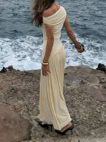 Women's Knit Fabric Summer One Shoulder Pleated Fitted A-Line Dress, New Casual Holiday Beach Vacation Dress - Pale Yellow - View 3