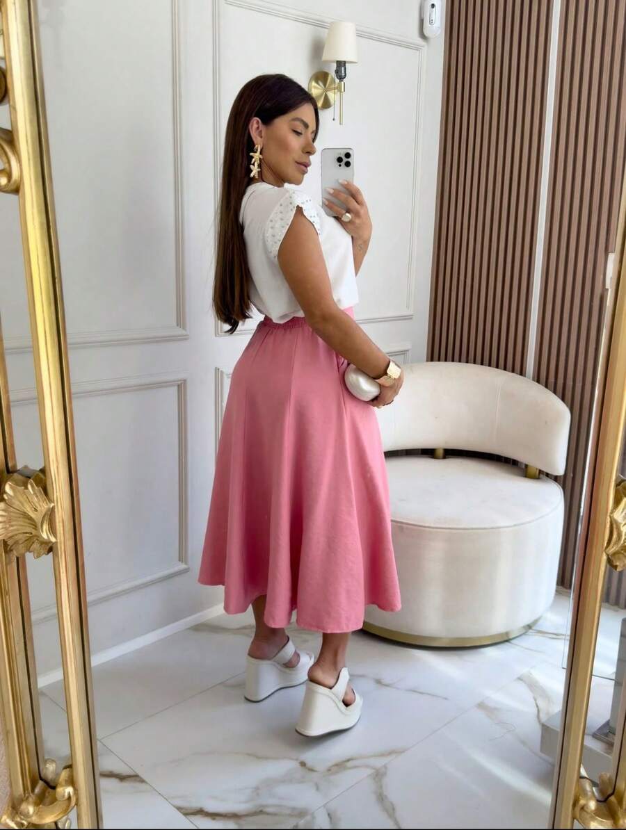 Women's Tailored Midi Skirt, A-Line, Sensual Style, With Elegant Pockets - 羅莎 - 查看 1