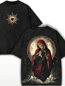 Men's Washed T-Shirts,Mens Clothes,Graphic Tee,Sacred Heart Virgin Mary Tee – Washed Black Gothic Faithcore Shirt With Red Cloak Holy Back Art For Vintage Streetwear Fans - 黑色 - 查看 1