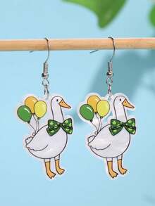 一对圣帕特里克节简约创意可爱四叶草气球鹅亚克力耳环，适合节日派对 - 彩色 - 查看 2