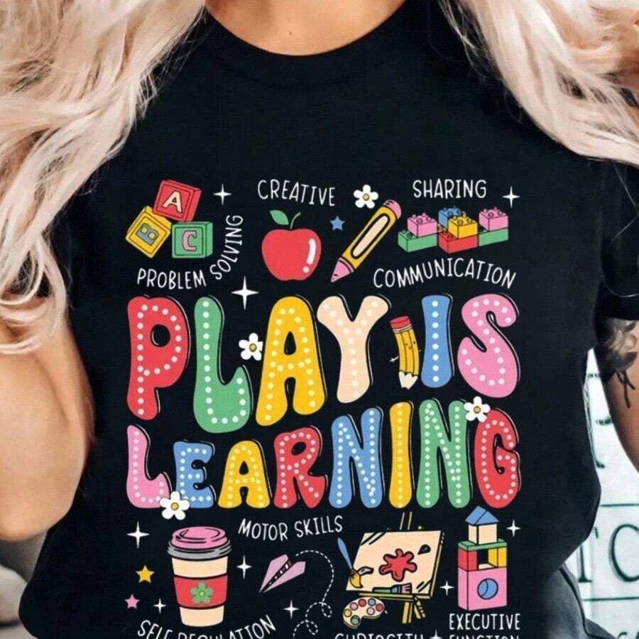 Retro Groovy Play Is Learning Kindergarten Teacher Daycare T-Shirt Breathable Comfort Fit Short Sleeve Crew N - 黑色 - 查看 1