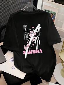 女裝春夏季新款 日系武士劍與櫻花圖案 基礎款休閒舒適透氣寬鬆T卹 適合春季日常及度假穿著，春季、夏季、情人節、婚禮、外出活動、優雅、休閒、度假，「APRES SKI CLUB 」trip hoodie，camisetas invierno mujer，noistamujer，Gujeta ujize，camisetas，satno mujer，Metaamujer， verano，k pop guerreras，ropa mujer，verano mujer，jersey，fiesta，sudaderas de mujer，conjunto mujer invierno，ropa verano mujer，verano mujer，y2k，mujer， curve，ropa curvy mujer，sudadande，aallas，dandea，curvy mujer，sudaderande，aallas，dandea，curvy mujer，sudaderande，aallas，ropa curvy mujer，sudaderna， curve，vacation，casual，deporte，top negros elegantes - 黑色 - 查看 3