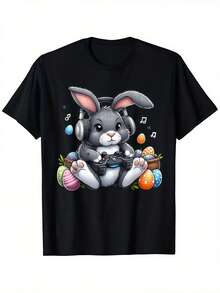 1pc Easter Mens Clothes Gaming Bunny Print Black TShirt, Unisex Casual Crew Neck Tshirt, Plus Size Men's Clothing 5XL, Lightweight 220gsm Knit Fabric, Machine Washable, For Spring/Summer/Fall, Easter, Spring Festival - 黑色 - 查看 1