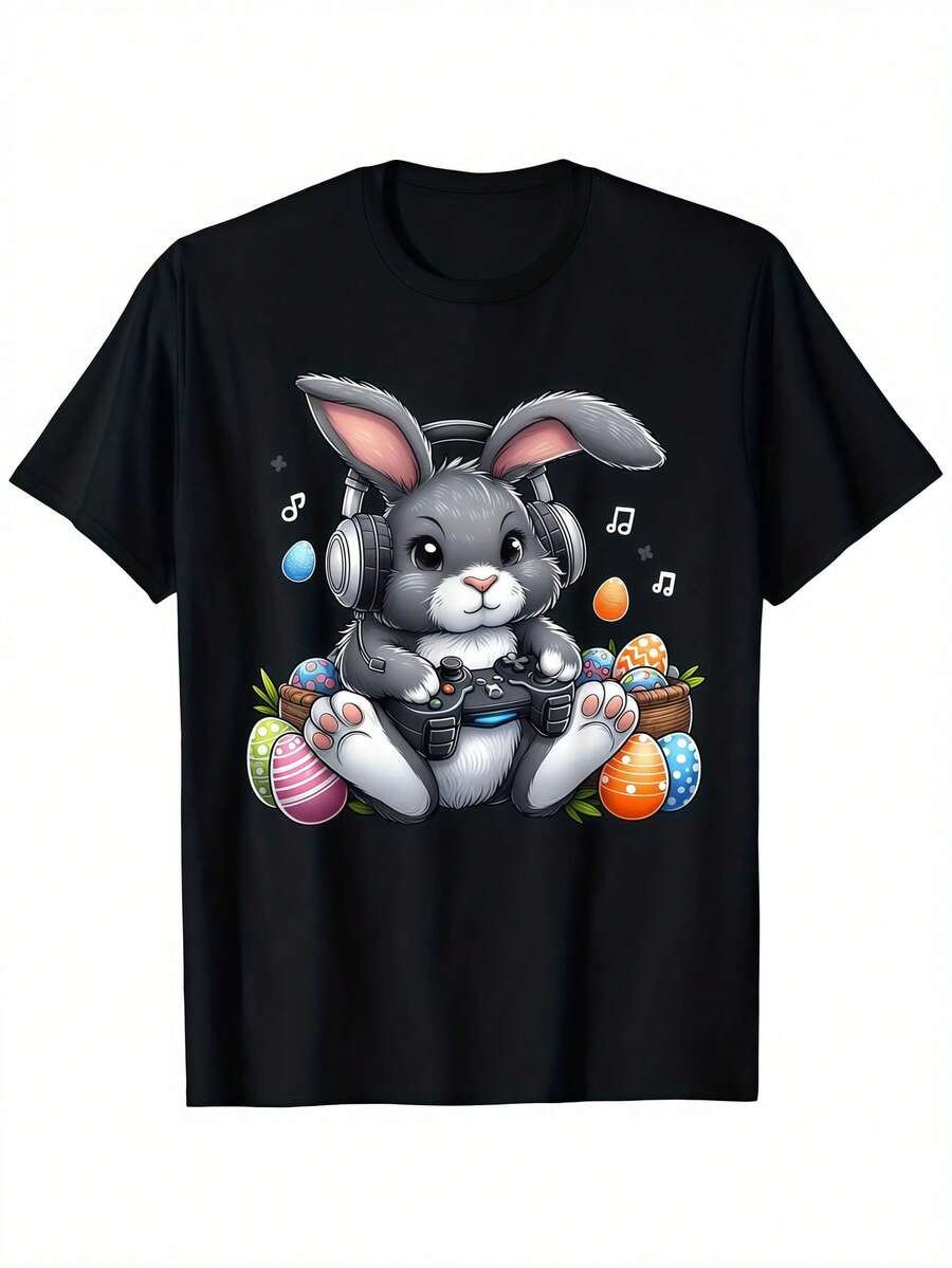 1pc Easter Mens Clothes Gaming Bunny Print Black TShirt, Unisex Casual Crew Neck Tshirt, Plus Size Men's Clothing 5XL, Lightweight 220gsm Knit Fabric, Machine Washable, For Spring/Summer/Fall, Easter, Spring Festival - 黑色 - 查看 1