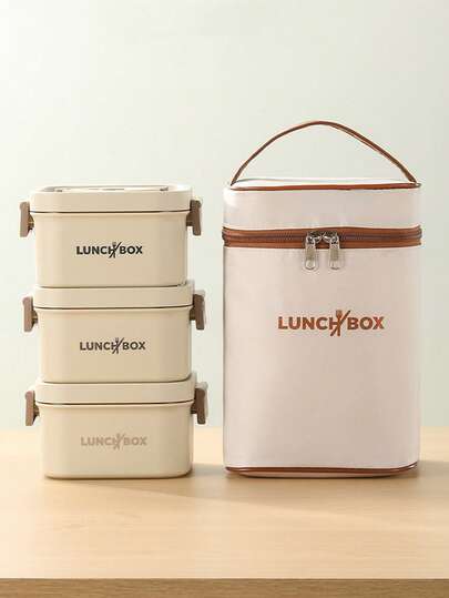1/3/4/5 piezas Juego de recipientes aislados para almuerzo portátil para adultos y estudiantes, cajas bento apilables de acero inoxidable para comida caliente, con bolsa de almuerzo aislada, unisex, 4 recipientes separados para comida caliente, microondas (Albaricoque/Marrón)