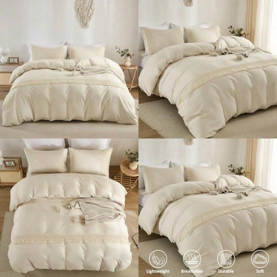 Beige Duvet Cover Set King Bohemian Tassle Bedding Set Soft Washed Microfiber With Zipper Closure - Beige Bohemian-0 - View 1