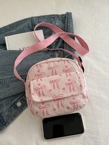 多口袋迷你蝴蝶结灯芯绒便携通勤拉链时尚休闲多功能单肩包/斜挎包，适合女性日常使用 - 粉色 - 查看 3