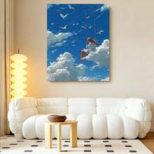Framed [ Flat] 1pc Whimsical Girl Swinging Among Clouds & Seagulls Canvas Wall Art - Bohemian Style, Wooden Frame, Indoor Decor For Living Room, Bedroom, Office, Dining Room, Bar - Ideal Gift, Indoor Wall Decor|Bohemian Style Art|Wooden Frame Art, Wall Decor - Framed - 查看 1