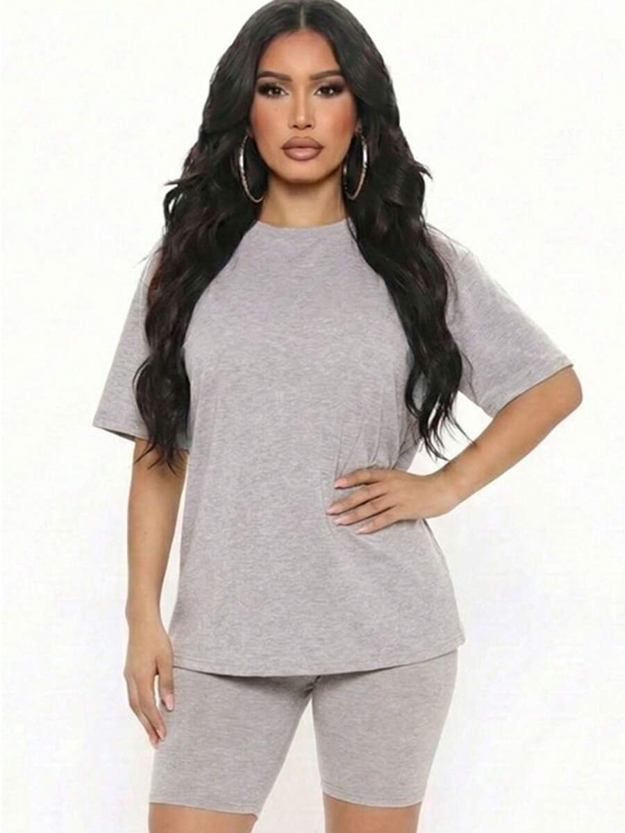 2pcs Loose Fit Top & Biker Shorts Set For Women, Solid Color Round Neck Machine Washable Comfy Basic Loungewear Sets For Summer Spring Fall - Màu xám thạch nam - Xem 1
