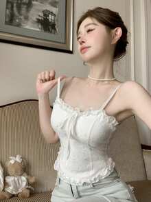 蘑菇蕾丝边吊带背心，可爱叠穿款，性感提花短款背心带胸垫，夏季 - 白色 - 查看 7