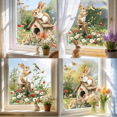 1/2片装 春季兔子窗贴 可爱兔子鸟屋花朵静电贴 双面视觉贴纸 适用于客厅厨房玻璃门 复活节家居装饰壁画