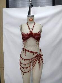 GLOSSMOON Handmade Crystal & Acrylic Beaded Body Chain - Sparkly Fringe Bikini Jewelry - Boho Beach Vacation & Nightclub Rave Accessories For Women Sunset Mermaid Crystal Body Chain | Iridescent Bikini Jewelry For Beach Party | Lightweight Rave Wear & Clubbing Statement Bra - 紅色 - 查看 4