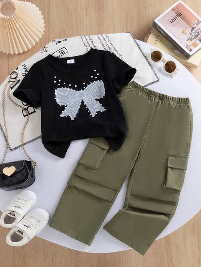 2pcs/Set Young Girl Summer Casual Butterfly Print Round Neck Short Sleeve T-Shirt And Side Pocket Cargo Pants Outfit, Suitable For Daily, Outdoor, School, Commute, Street, Sports