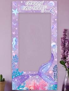 1pc Mermaid Photo Frame Birthday Backdrop, Cartoon Purple Mermaid Tail Ocean Birthday Hollow Banner, Suitable For Birthday Theme Party Decoration, Photography Props - Multicolor - View 3