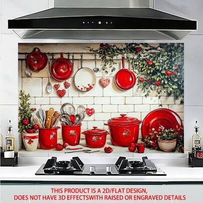 1pc Red Kitchen Wall Sticker - 2D Flat PVC Sticker With Vibrant Pot And Pan Designs And Heart Patterns. Easy To Peel And Apply, Suitable For Kitchen And Dining Room Decoration. Heart Design, Realistic Tile Effect, High-Quality Vinyl, Perfect For DIY Enthusiasts
