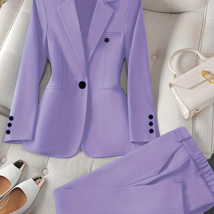New Women'S Casual Two-Piece Set Featuring A Stylish Business Look With A Solid Color Long-Sleeve Blazer And Matching Trousers - 深紫色 - 查看 1