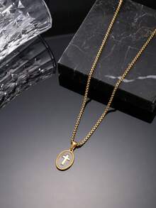 1件时尚复古不锈钢男士吊坠项链，饰有虎眼石、十字架、指南针和黑曜石元素，适合男士日常穿搭、节日庆典和外出场合。 - 金色 - 查看 13