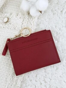 With A Chain Keychain,Wine Red Letter Detail Fold Over Small Wallet Pocket Wallet Small Purse Bifold Slim Women Wallet Lightweight Portable Credit Card Key Case Short Wallet Cute Modern Fashion For Birthday Gift Christmas Anniversary Women Girls Lady,Business,For Anniversary,For Christmas,On Valentine Day,For Birthday Gift,For Gift,For Lover For Women,For Girls,For Lady,For Female,Bag School Supplies For School Dorm Room & Back To School - Burgundy - View 7