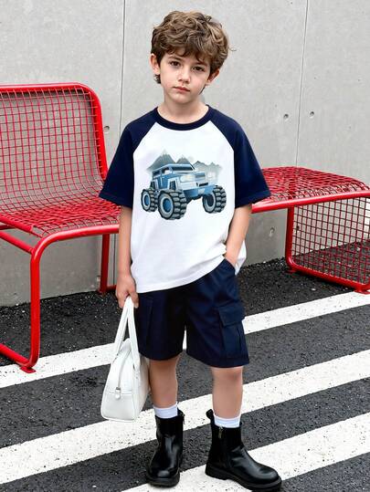 2pcs Toddler Boys' Spring/Summer Short Sleeve T-Shirt And Cargo Shorts Set, Contrast Color Stitching With Off-Road Vehicle Print, Casual Street Style Outfit For Daily, School, Outdoor Activities