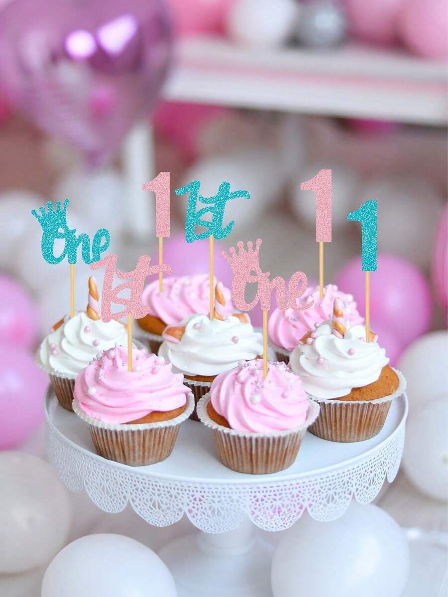 10件套一周岁生日蛋糕装饰插牌,适用于一周岁生日、周年纪念、庆祝活动、派对等场合。 - 彩色 - 查看 1