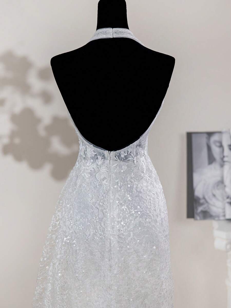 Deep V-Neck Romantic Lace Wedding Dress, Embroidered Floral Details, Minimalist Design - White - View 1