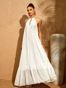 LOVE&LEMONADE Women's White Sexy Backless Asymmetric Ruffle Hem Design Chiffon Maxi Party Dress - White - View 5