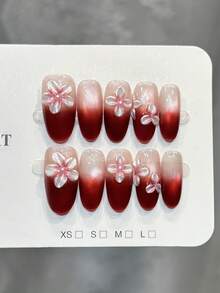 10片手工椭圆形亚克力美甲贴片，中号，简约粉色美甲，红色渐变闪亮猫眼美甲，手绘3D雕刻浮雕花朵，镶嵌小珍珠，前卫优雅简约秋季美甲，秋季美甲贴片，适合派对、日常、约会、海滩、热带度假等场合，DIY假指甲艺术，适合女性和女孩作为礼物，美甲用品 - 紅色 - 查看 2