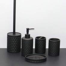 Badezimmer Accessoire Set, Wabenmuster Design, Badezimmer Garnitur beinhaltet Seifenspender, Lotionsspender, Zahnbürstenhalter, Seifenschale, Toilettenbürste, Mülleimer, vielseitiges Set für Modelhaus Badezimmer Dekoration, löst verschiedene Badezimmer Aufbewahrungsprobleme - Schwarz - Übersicht 14