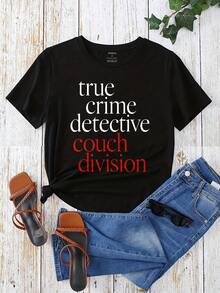 True Crime Detective Couch Division Graphic T-Shirt For Women, Oversized Crewneck Tees Casual Wear, Spring Cotton Tops Short Sleeve, Summer Basic Tees, Funny Clothes For Women - 黑色 - 查看 2