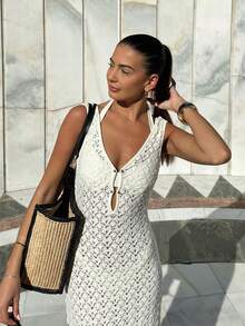 Women's Solid Color V-Neck Hollow Crochet Knit Maxi Dress, Sleeveless Backless Elegant Beach Vacation Dress, Spring/Summer White - White - View 2