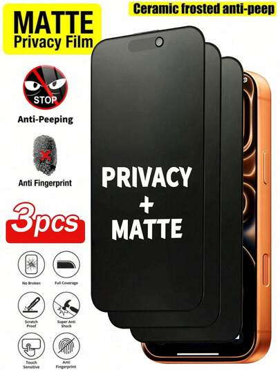 3 قطع من واقي الشاشة الخصوصي المطفي، متوافق مع 17 برو ماكس/16/16E/16 بلس/15 برو ماكس/14/13/12/11 برو ماكس/XR/X/XS، واقي شاشة خصوصي مطفي مقاوم للبصمات بتغطية كاملة، واقي شاشة سيراميك مطفي مقاوم للخدش 9H، فيلم خصوصي مطفي