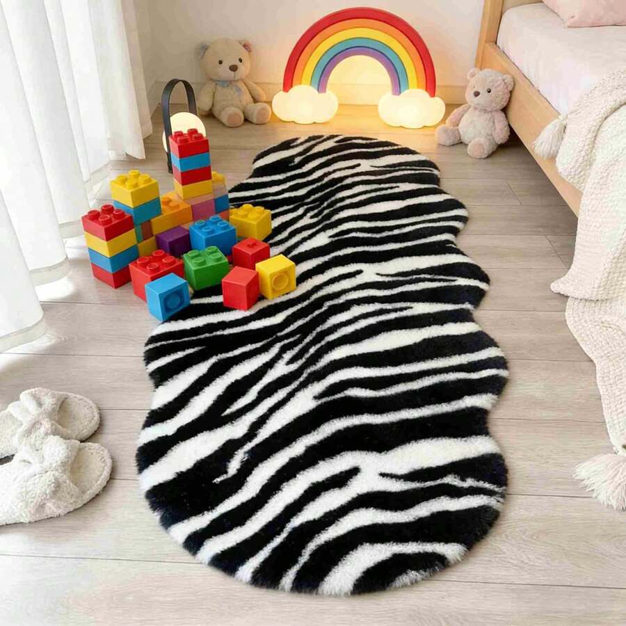 1pc Zebra Textured Plush Rug, Soft Faux Fur Comfortable, Asymmetrical Wavy Shape Mat, 1-5cm Trimming Tolerance, Suitable For New Year Decoration, Gift, Living Room, Bedroom, Bathroom Or Kitchen Home Decor Mat, Multiple Colors And Sizes Available, Bedroom Carpet, Decorative Rug, Small Rug, Carpet, Home Decor, Living Room Rug