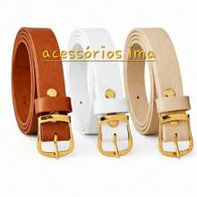 Set Of 3 Women's Belts With Fashionable Gold Buckle, 2cm Wide, One Size And Plus Size, Casual PU Leather - 焦糖色,白色,米色 - 查看 2