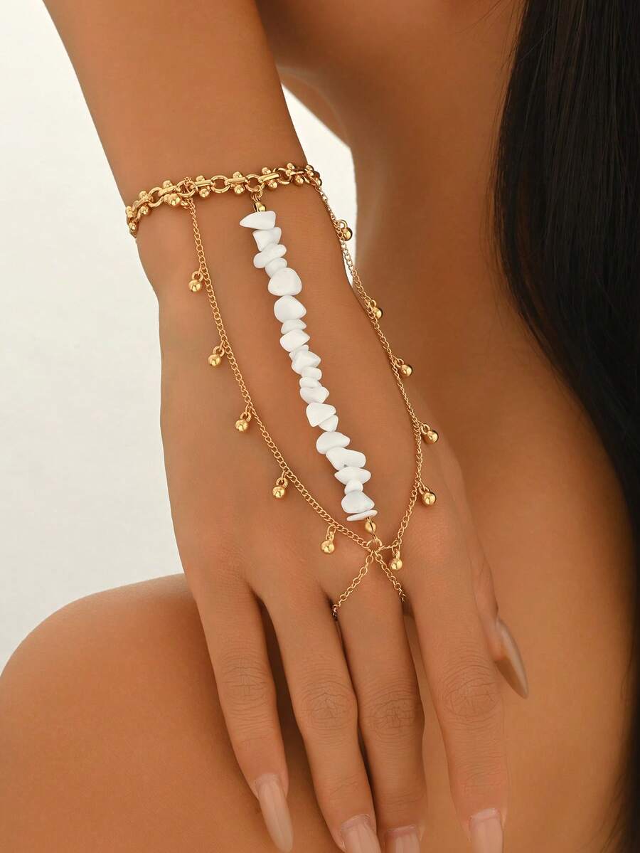 1pc Bohemian Style Beaded Finger Chain, Vintage Versatile Gold Bead Tassel Bracelet, Fashionable Hand Jewelry For Women, Suitable For Daily Wear, Dates And Parties. The Chain Length Can Be Adjusted By Cutting The Links, And The Shape And Size Of The Stones Are Random. - Gold - View 1