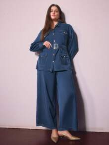 Sollinarry Conjunto de 2 piezas talla grande para mujer, chaqueta de camisa de manga larga con botones y cinturón, y pantalones de pierna ancha, conjunto casual elegante adecuado para trabajo, compras, vacaciones y enseñanza en primavera - Azul Marino - Ver 7