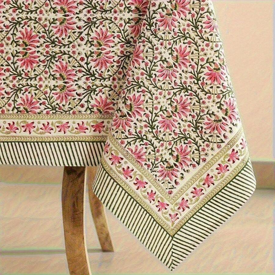 1pc Elegant Pink & Green Floral Tablecloth With Golden Accent Rectangular Dining Table Cover - Luxury Machine- Fabric Suitable For Valentine's Day, Weddings, Banquets, Everyday Dining - Easy-Clean Decorative Table Setting - Nhiều màu - Xem 1